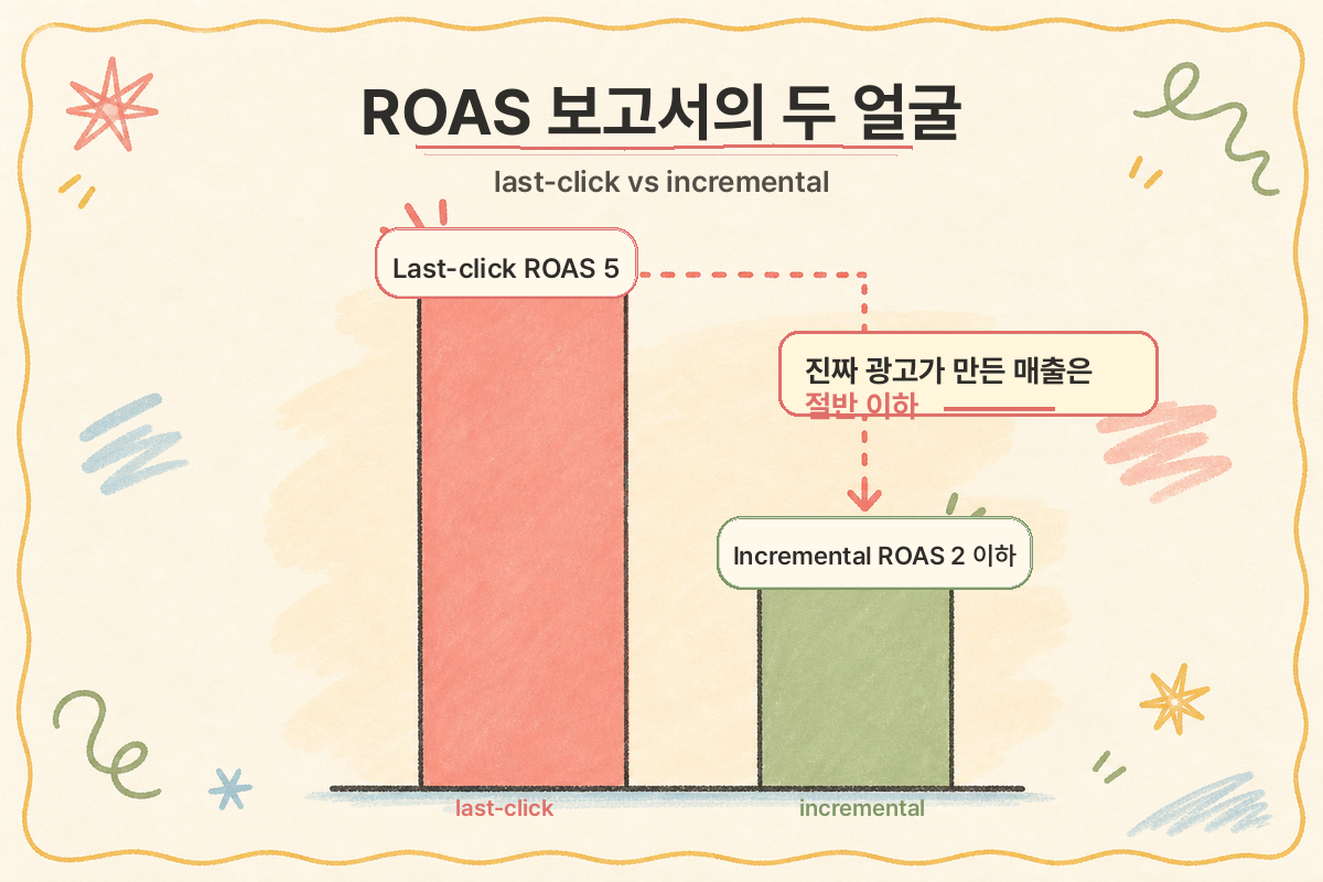 last-click ROAS와 incremental ROAS의 차이를 막대그래프로 비교한 인포그래픽